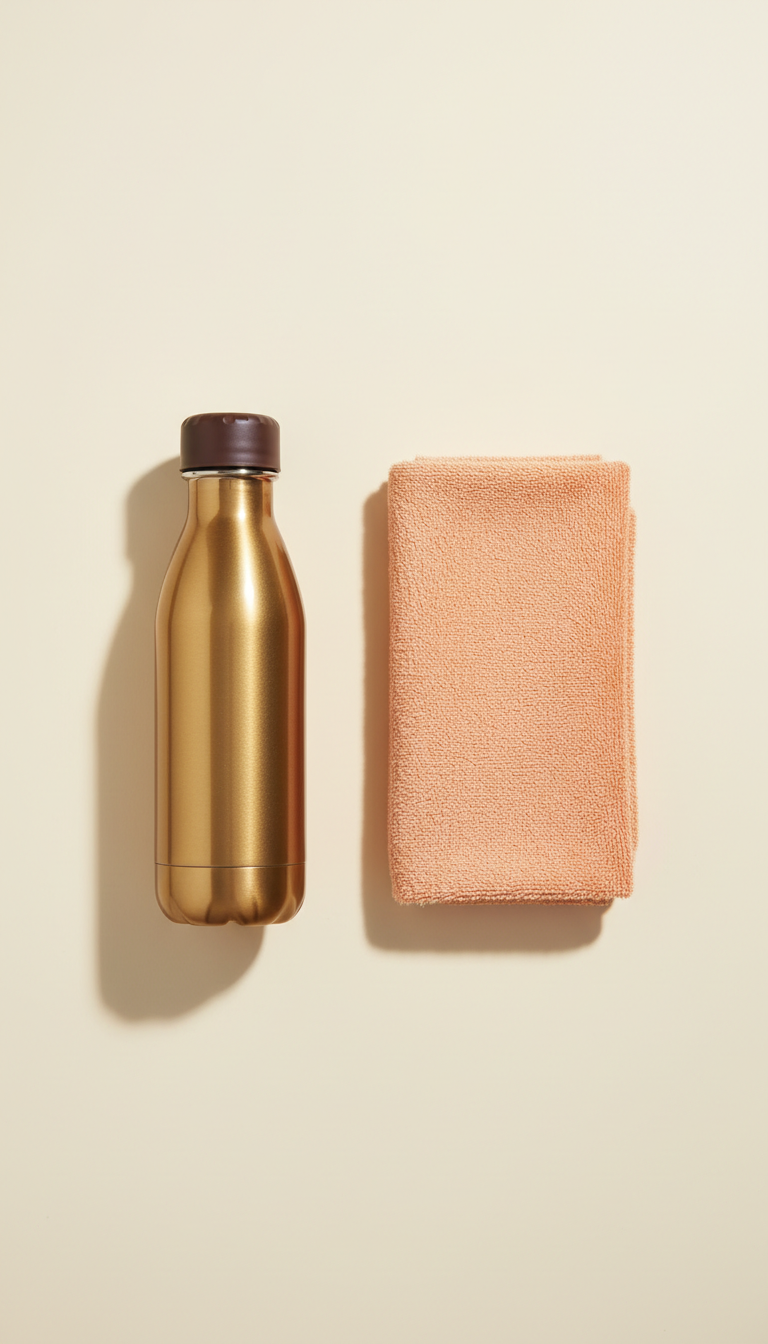 Bouteille or urbain et serviette pêche